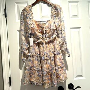 ASTR knee length sheer long sleeve pink&blue floral dress w/elastic stretch back